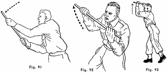 Shows a drawing of a British soldier using a stick in two hands to strike with both ends and the middle