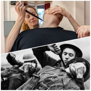 Two comparative images on top a picture of a woman holding a knife to a mans throat conducting a sentry elimination from WW2. underneath a picture from WW2 showing a man doing the same technique